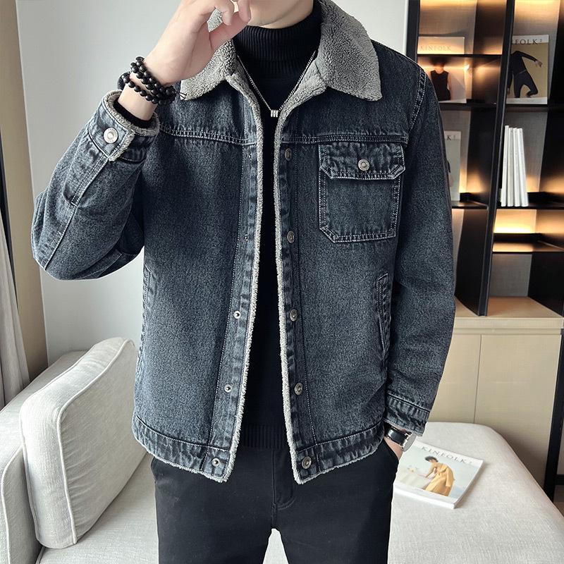 

Мужская зимняя куртка из овчины с лацканами из денима и бархатной подкладкой — плотная, модная, в наличии большие размеры. L серый