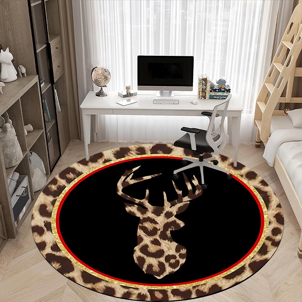 1pc Leopard Print Deer Head Chair Carpet for Office, Round Polyester Mat, Indoor Decor for Office, Washable Non-slip Carpet yy251219017