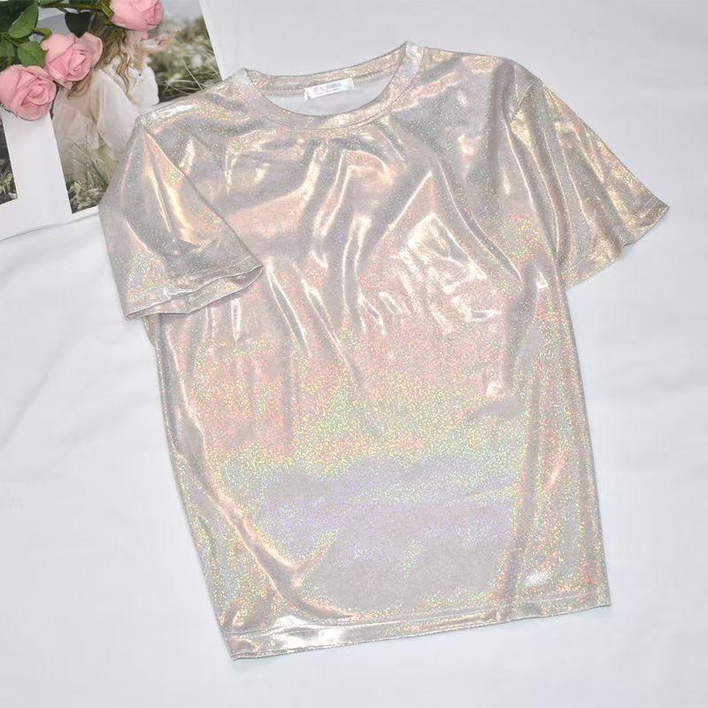Top Corto Scintillante Stile Coreano - T-shirt da Performance Trendy Luminosa a Maniche Corte Larghe da Donna