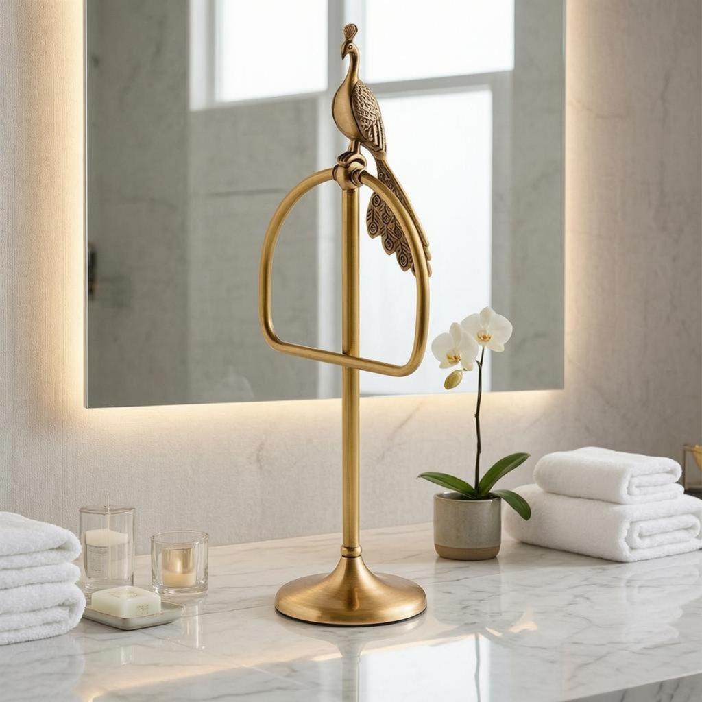 Freestanding Towel Holder PeacockThemed Tabletop Stand Brass