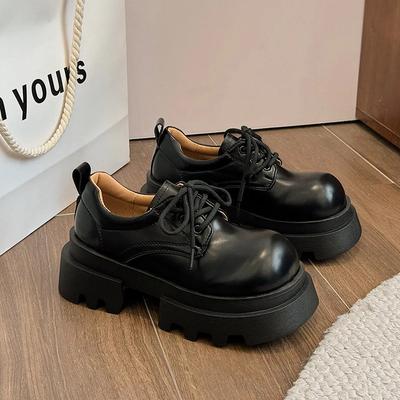 2024 Herbst Neue Dickbesohlte Damen Pumps Schuhe Damen Höhenvergrößernde Schwarze Slipper Mode Schnürung Klobiger Mittelhoher Absatz Zapato