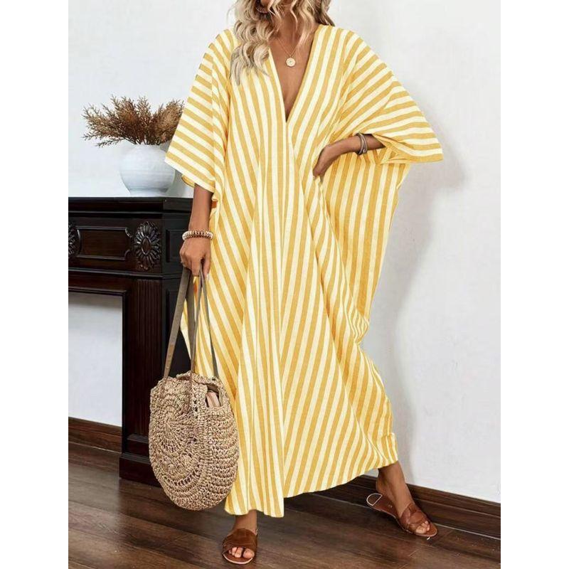 

European American Summer New Fashion Loose Casual V Neck Stripes Long Dress Yellow S