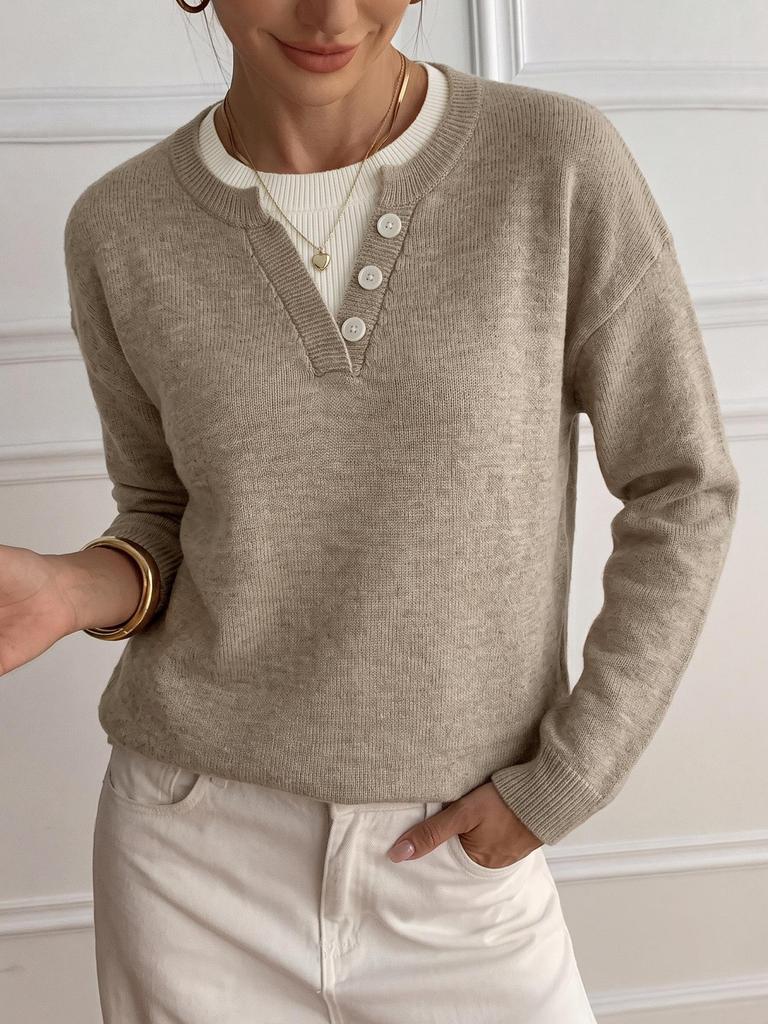 2026 Autumn/Winter Casual Knit V-neck Henley Collar Loose Sweater for Women