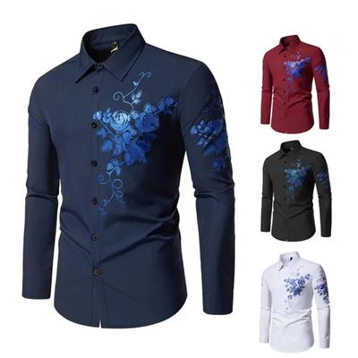 Herrenhemd mit Heißprägung und Aufdruck, blaues und weißes Blumenmuster, Persönlichkeitsstil, Slim-Fit-Revers, langärmeliges Hemd, Herrentrend