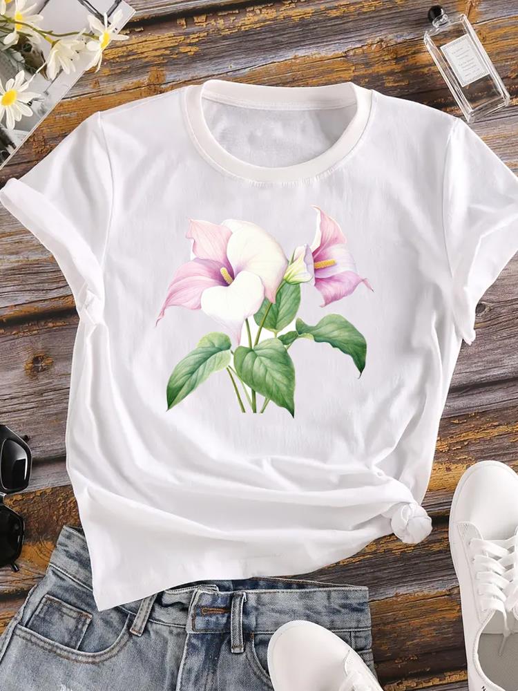 (Asian Size) Women Flower Watercolor Trend Cute 90s Short Sleeve Fashion Tee Top Clothing Print Lady Casual Tshirt Female Graphic T-shirts