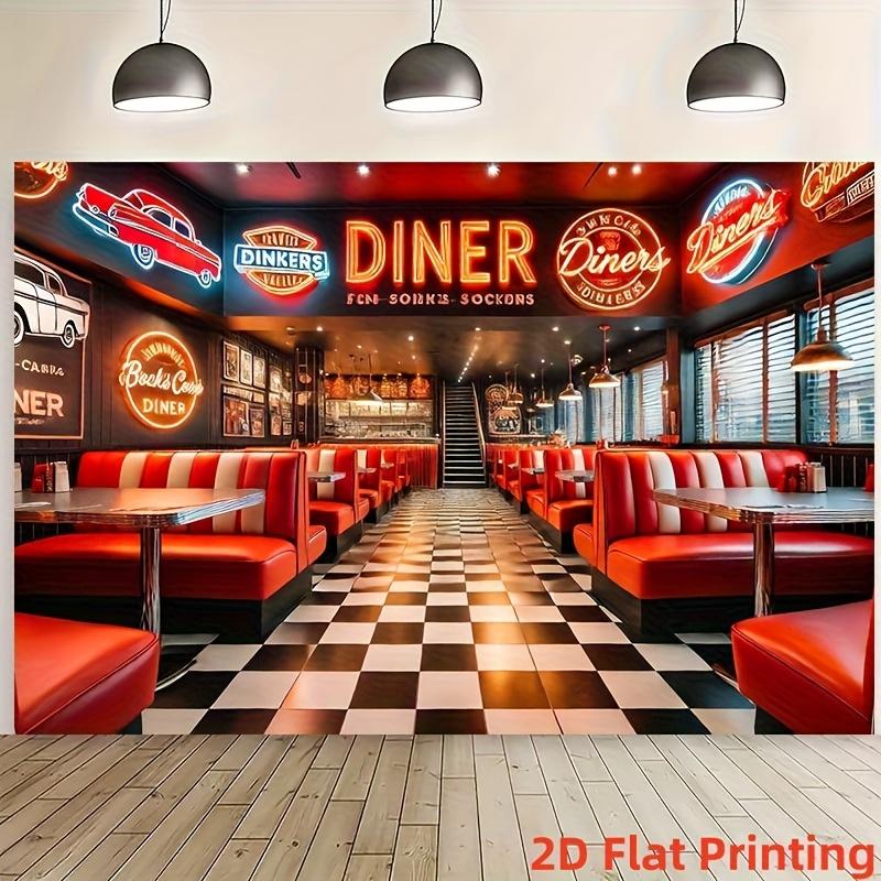 2D flat retro American restaurant background fabric - Red and white checkered floor neon sign and car design 100x150cm