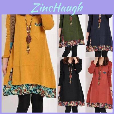 Gemütliches Damen Herbst Winter Blumenmuster Kleid Langarm Stilvoller Patchwork Pullover Top