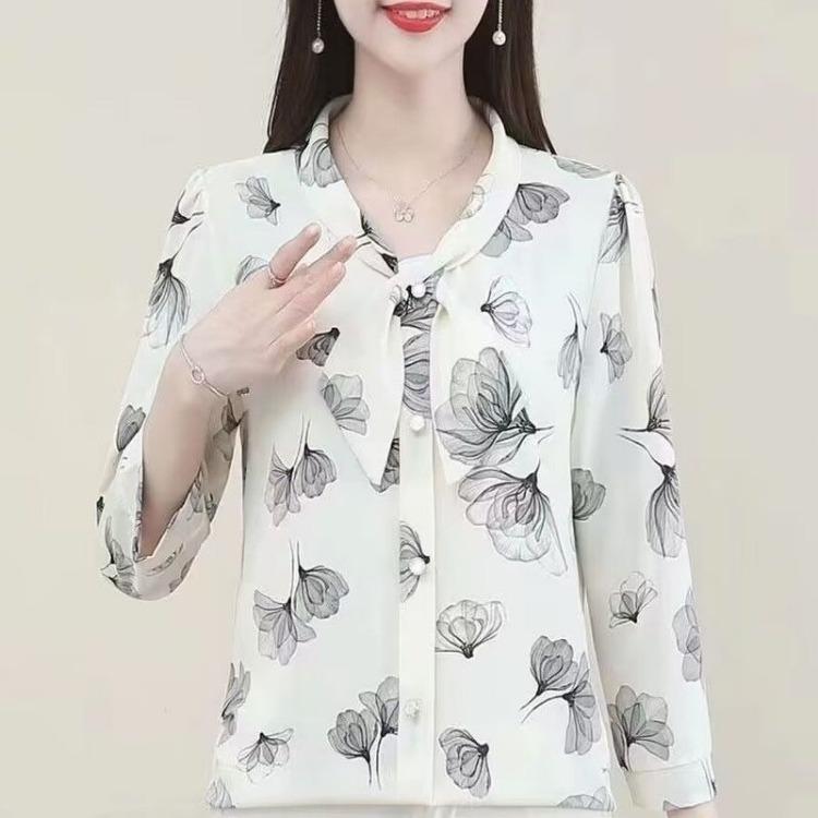 Cămașă de șifon cu mâneci trei sferturi și panglică pentru femei, ținută de vară pentru mamă, cămașă largă și subțire