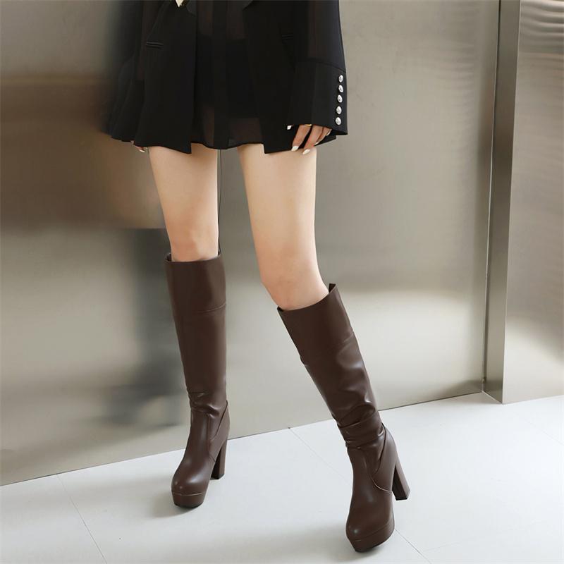 Knee High Boots For Women Platform 2024 Sexy Punk High Heels Pleated Black Brown Women's Long Boot Winter Shoes Large Size 44