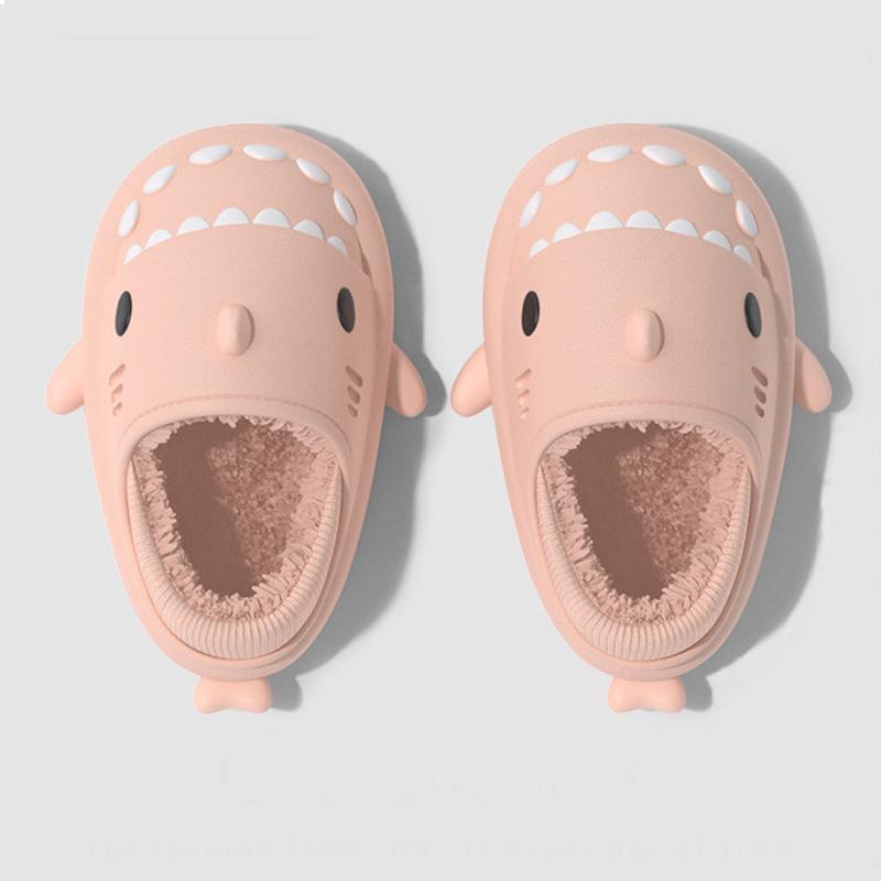 Fashion Smile Mens Cartoon Shark Slip On Cotton Slides Waterproof Thick Bottom Fuzzy Cozy Warm Slippers Plush Lining Slippers For Womens