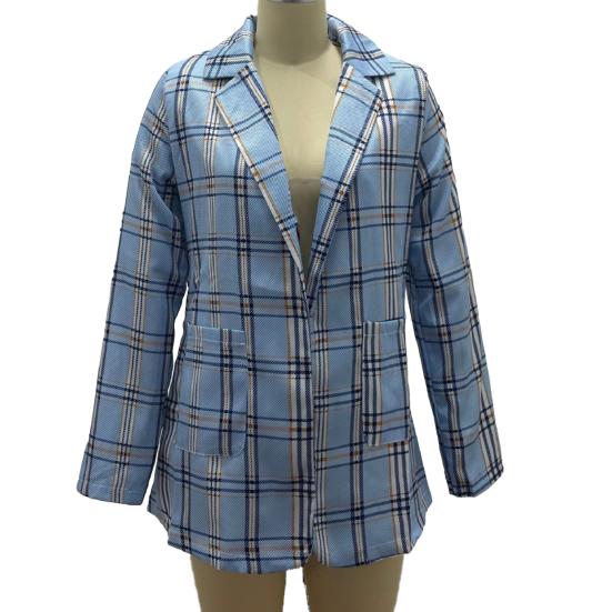 Women Suit Coat Lapel Long Sleeve Open Front Suit Jacket with Pockets Plaid Print
