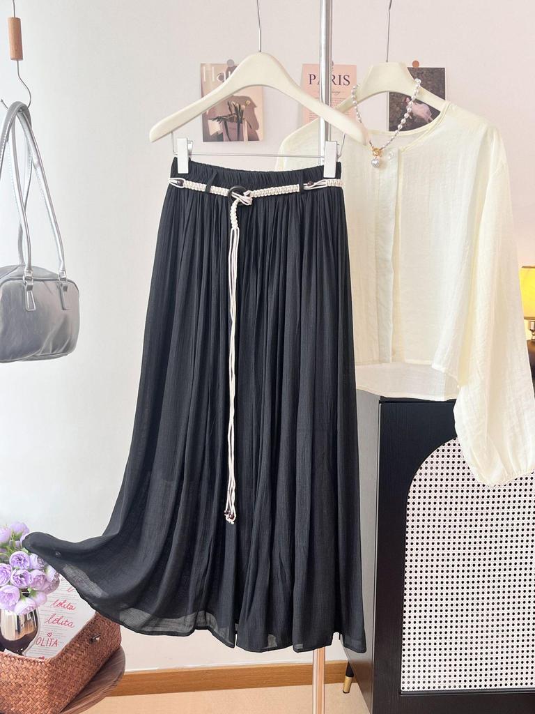 Bohemian High-Waisted A-Line Midi Skirt with Belt - Women's Flowing Slim Summer 2026 Style