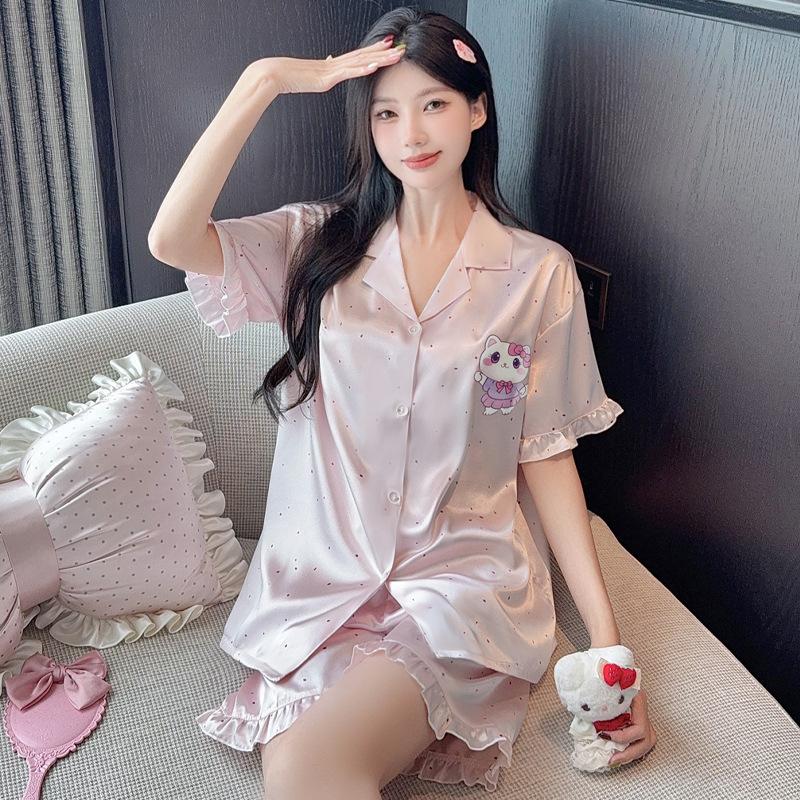 Wind French Women'S Pajamas Summer Thin Ice Silk Short-Sleeved Suit Silk Cool Jacquard Loungewear Real Shot