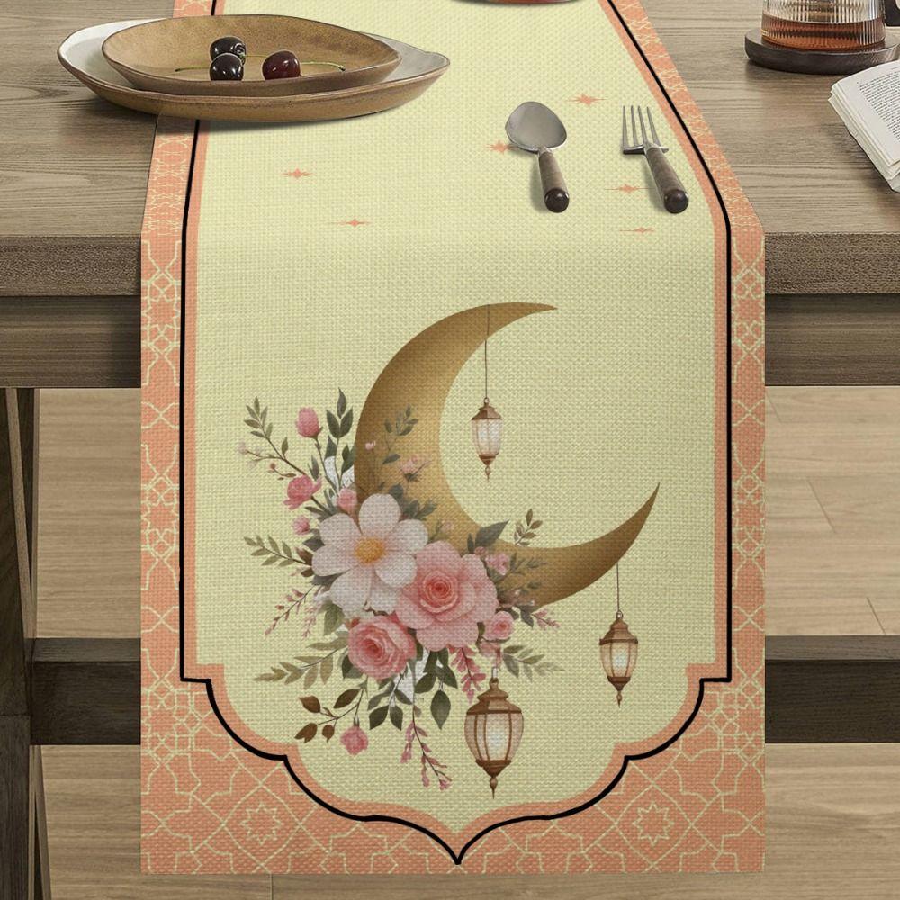 Golden Lantern Ramadan Table Runner White Moon Star Polyester Eid Mubarak Tablecloth Eid Al Fitr Dining Table Decoration