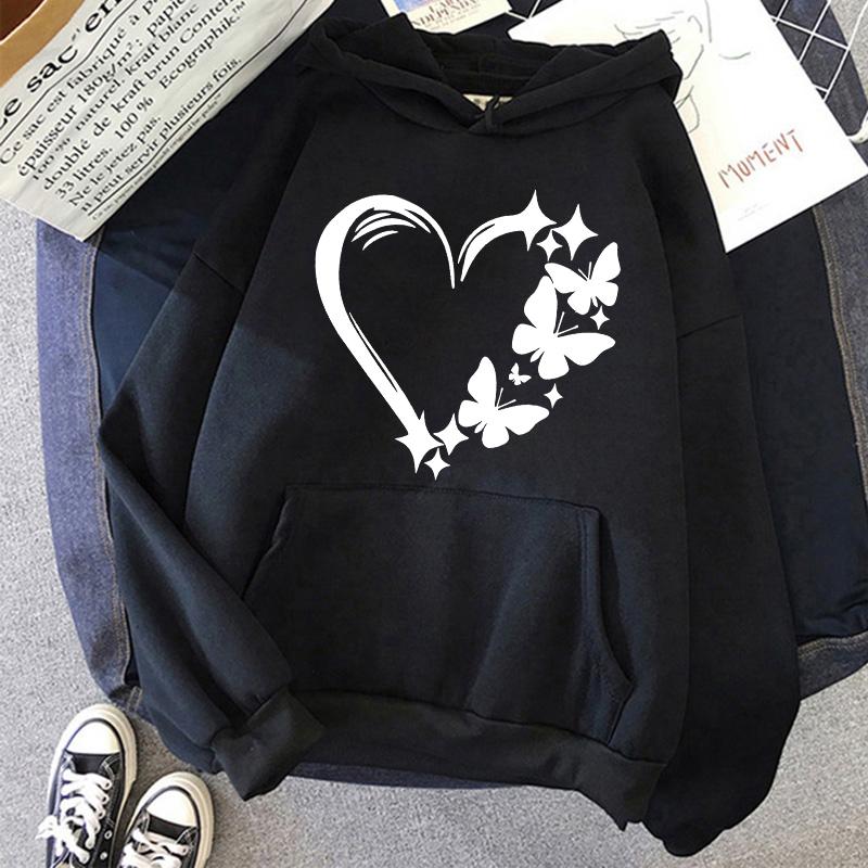 Combination of Love and Butterfly Pattern Long Sleeve Hoodies Women's Trendy Pocket Sweatshirt Vintage Y2k Hooded Clothing