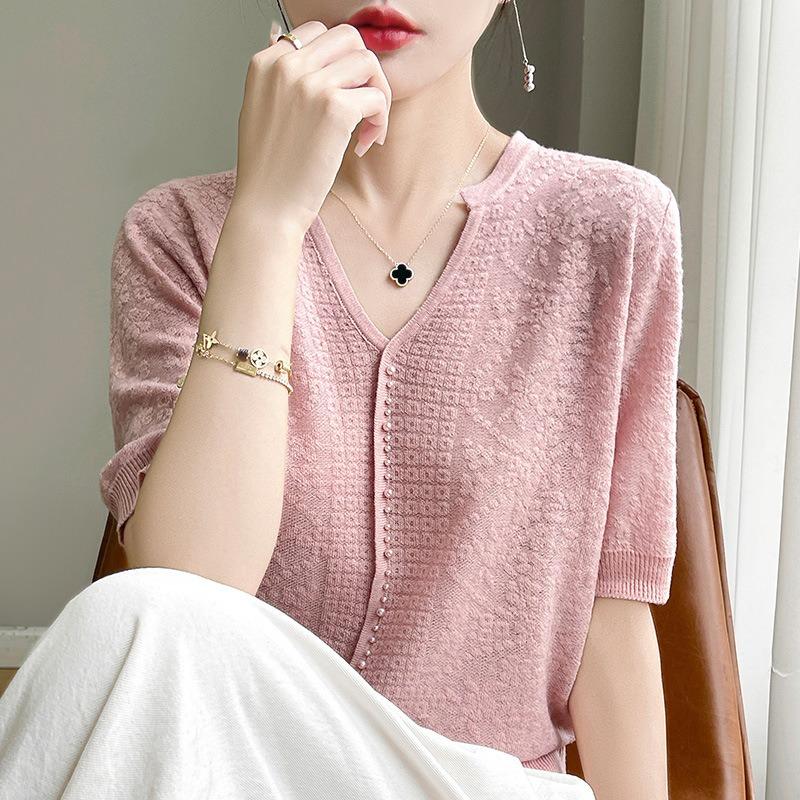 Damen Sommer Neu Kurzarm Eisseide T-Shirt V-Ausschnitt Perlen Yang Temperament Shirt Vielseitige Ajour Häkelstrickware