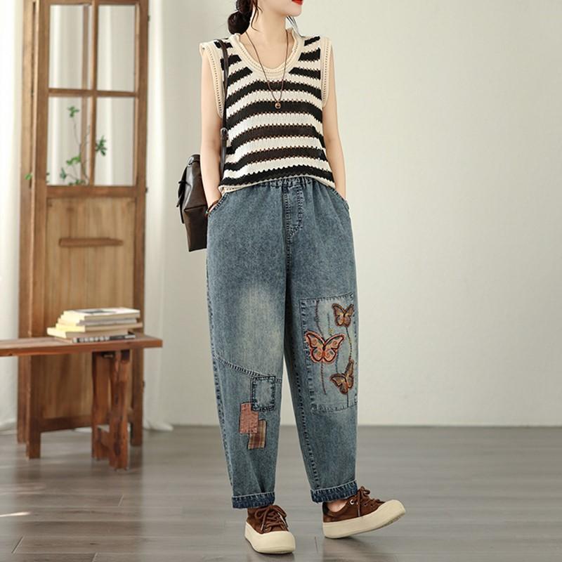 Übergröße Vintage Stickerei hohe Taille lässig locker Damen Frühling Sommer Herbst Jeans Denim Haremshose
