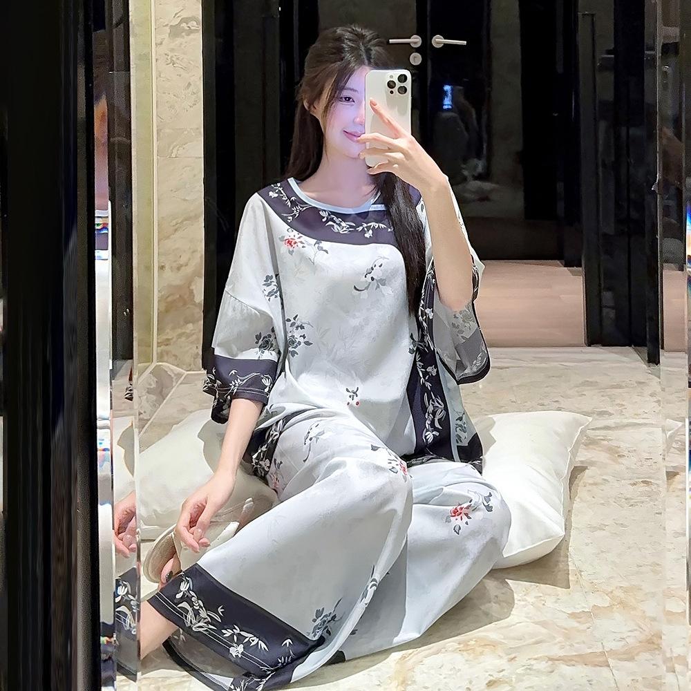 Pajamas women s summer ice silk short-sleeved nine-point pants new Chinese style new ice and snow silk loungewear set M