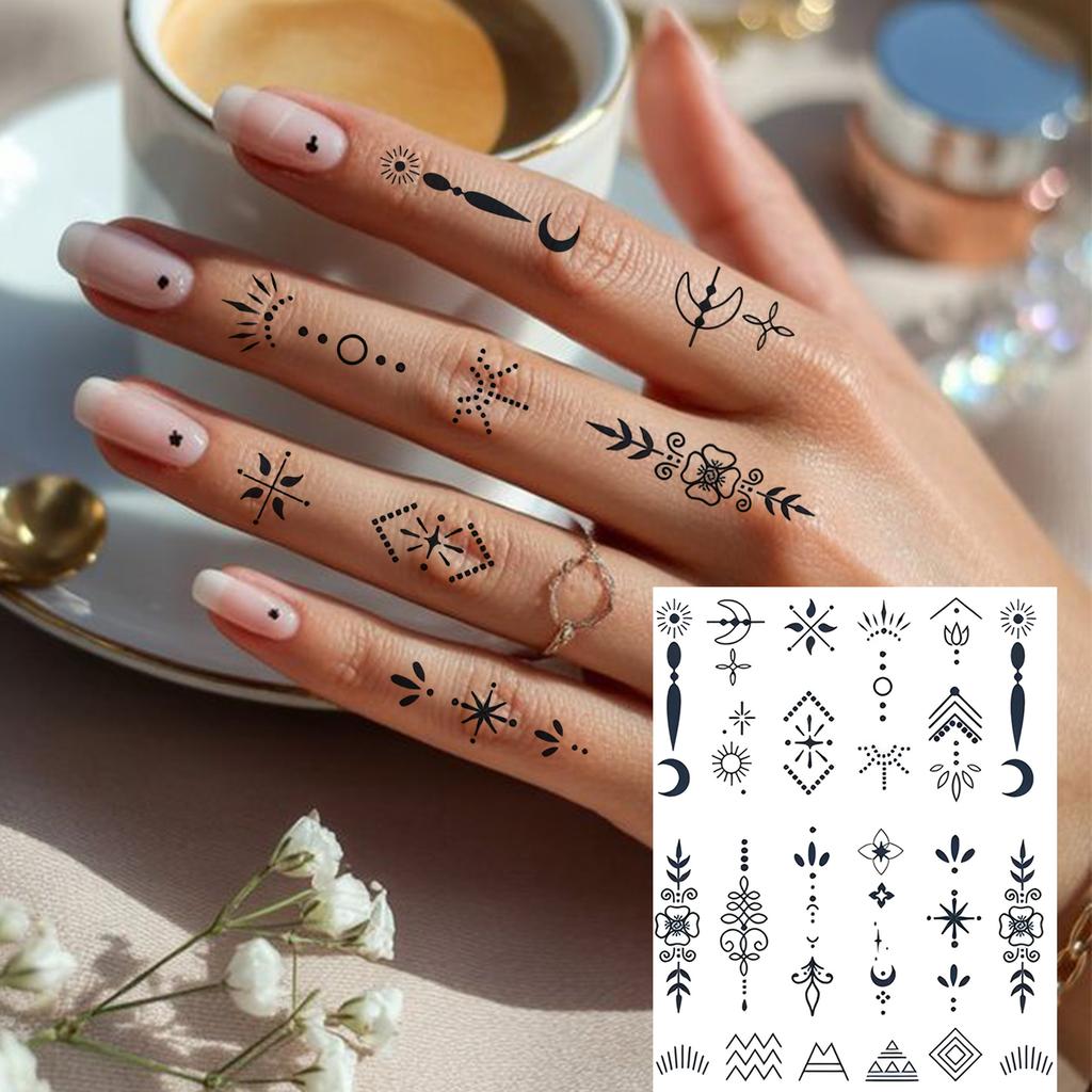 1 Sheet Sun Crescent Totem Chain Temporary Tattoos For Women Finger, Fake Tattoo Sticker Waterproof Long Lasting Realistic Tatoo