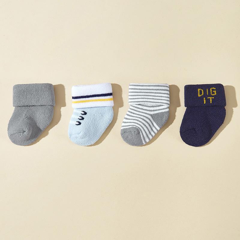 4 Paare/Los Neugeborenen Socken Herbst Winter Warm Säugling Jungen Socken Einfarbig Gestreift Buchstaben Baby Kurze Socken