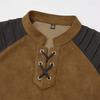 Mens Cowboy Style T-Shirt Vintage Western Design Suede Color Block Lace Up Stand Collar Long Sleeve Tees