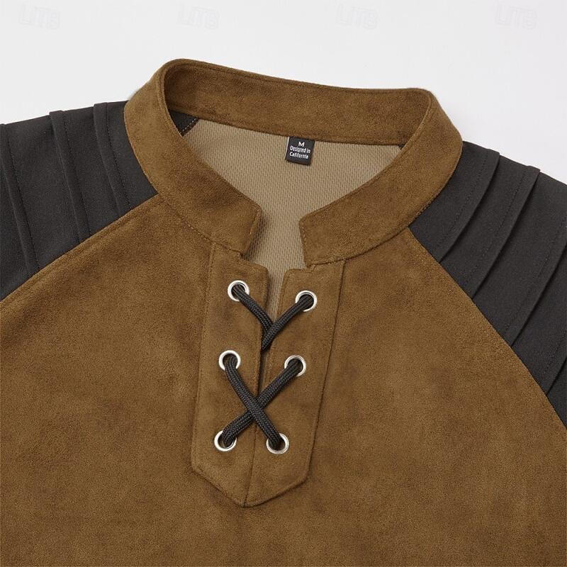 Mens Cowboy Style T-Shirt Vintage Western Design Suede Color Block Lace Up Stand Collar Long Sleeve Tees