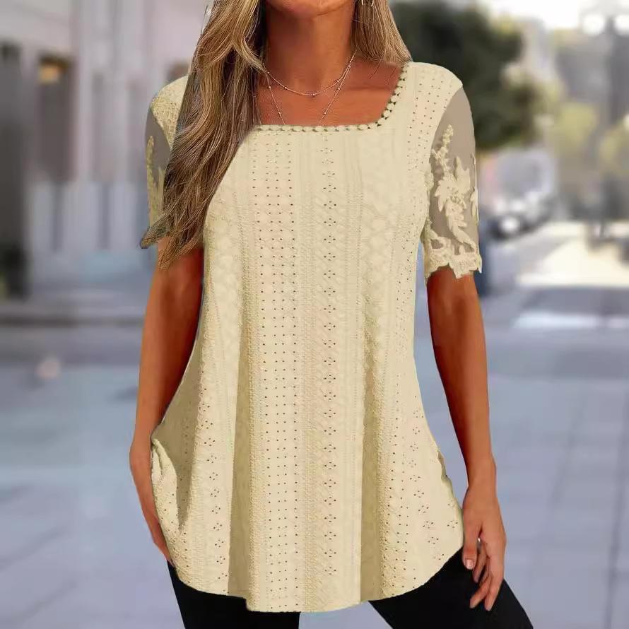 Summer New European and American Women's Square Neck T-Shirt Hollow Lace Sleeve Casual Top