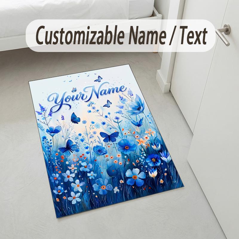 Butterfly Theme Crystal Velvet Rug Personalized Custom Name Text Soft Floor Mat Home Decor