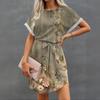 Womens Summer Short Dresses O Neck Casual Batwing-Short Sleeve Belted Dress For Women