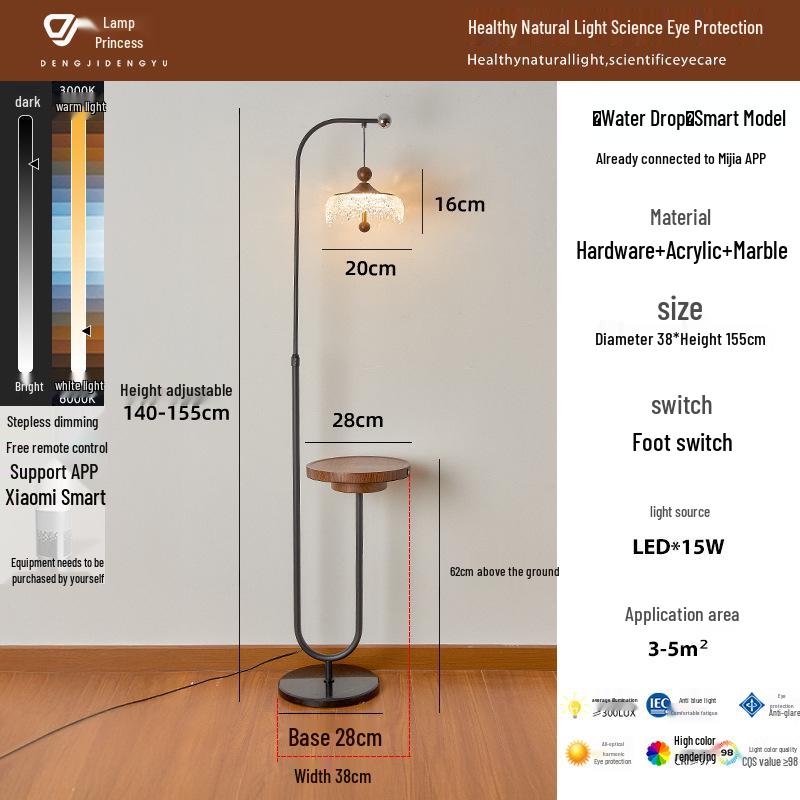 High-End Walnut Teardrop Floor Lamp with Side Table and Storage Rack