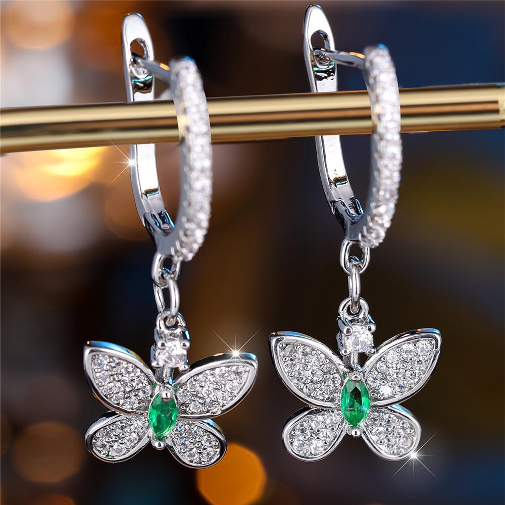 

Cute Female White Green Zircon Stone Butterfly Hoop Earrings Fashion Female Silver Color Wedding Jewelry For Women зелёный