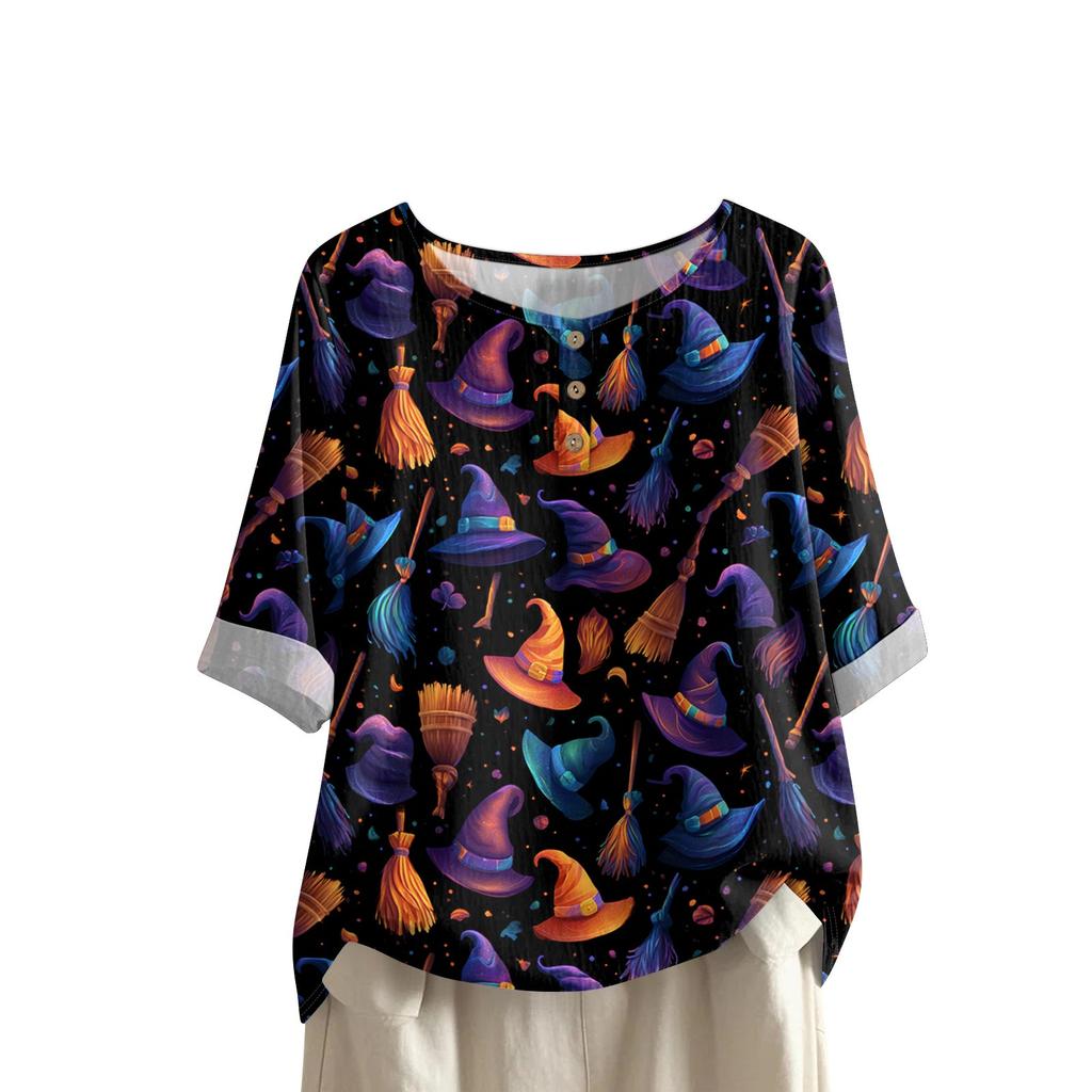 Women's Casual Mid Sleeved Round Neck Halloween Printed Cotton And Linen Top