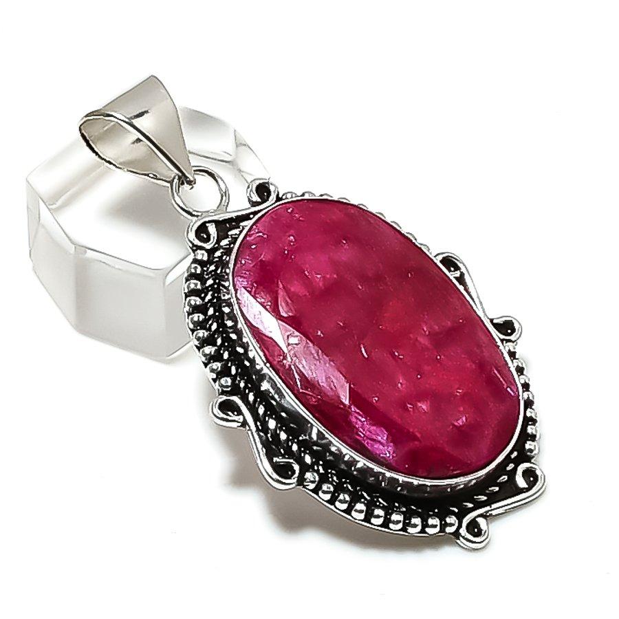 Natural Ruby(Simulated) Gemstone 925 Sterling Silver Jewelry Pendant 2.05 ETC-14282