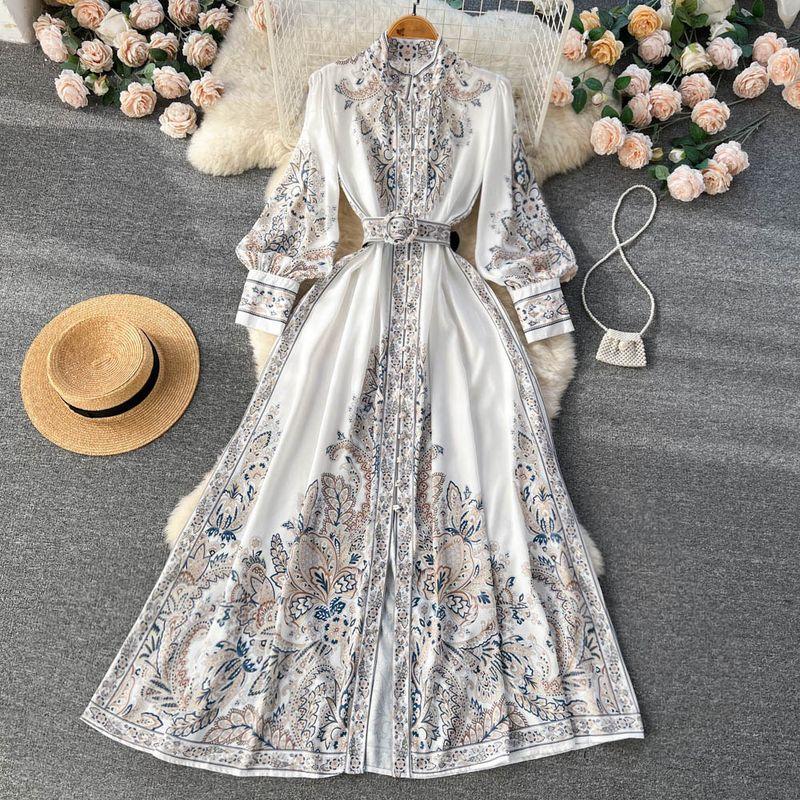 

Vacation Style Stand-up Collar Puff Sleeve Wide Hem Printed Dress White S