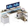 Birou de colț cu prize și lumini LED RGB, birou pentru computer, 172 x 100 cm, suport pentru monitor, 2 sertare, alb