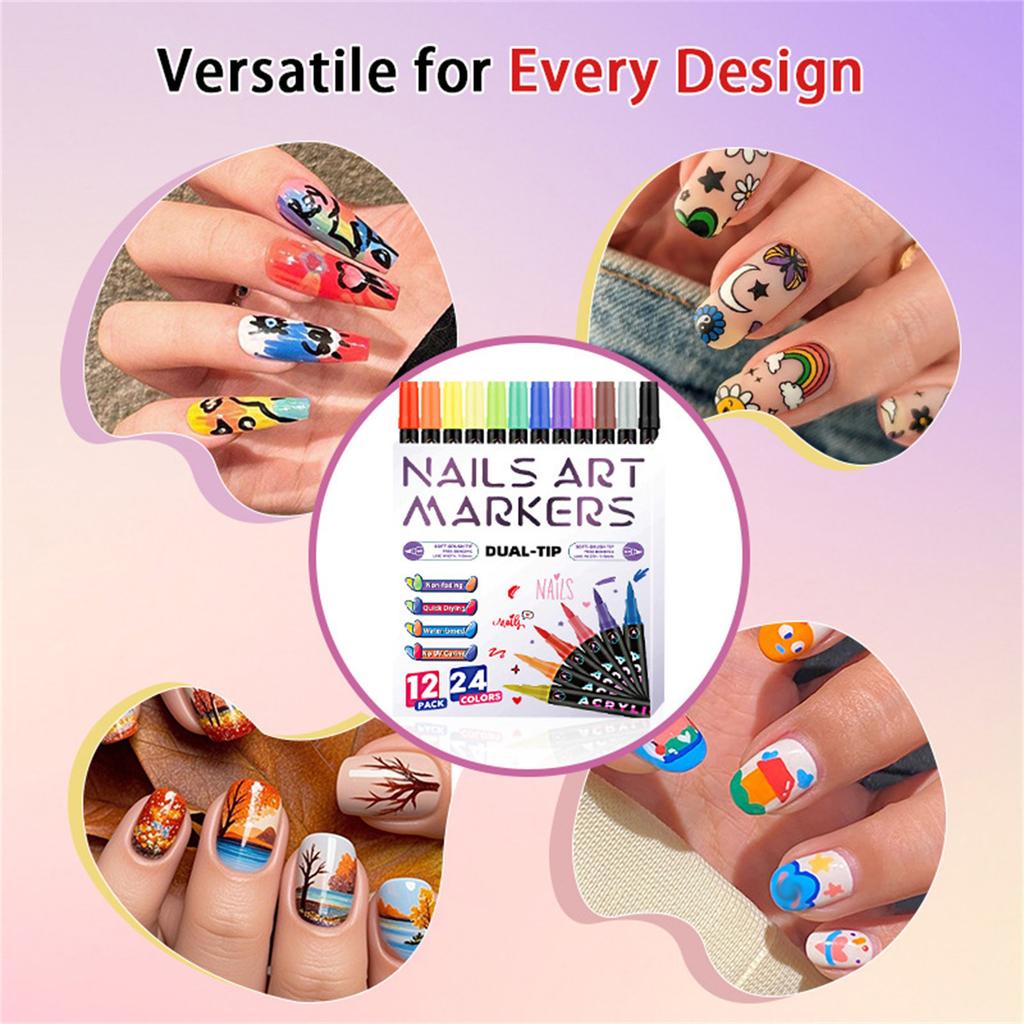 Doppelspitzen-Nagelkunst-Marker-Set 24 Farben 0,5 mm Feine Spitze Acrylfarbe Stifte Wasserdicht Schnelltrocknend Nicht verblassend Nageldesign-Werkzeuge für DIY