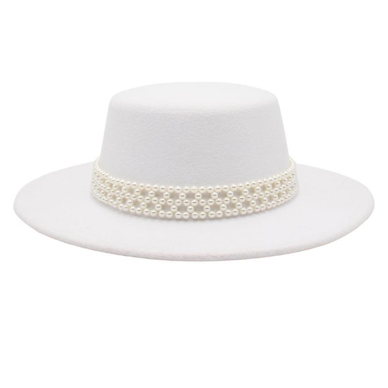 French Top Hat Female Hepburn Shade Felt Hat Bride Wide Brim Jazz Hat Pearl Chain Woolen Hat Black