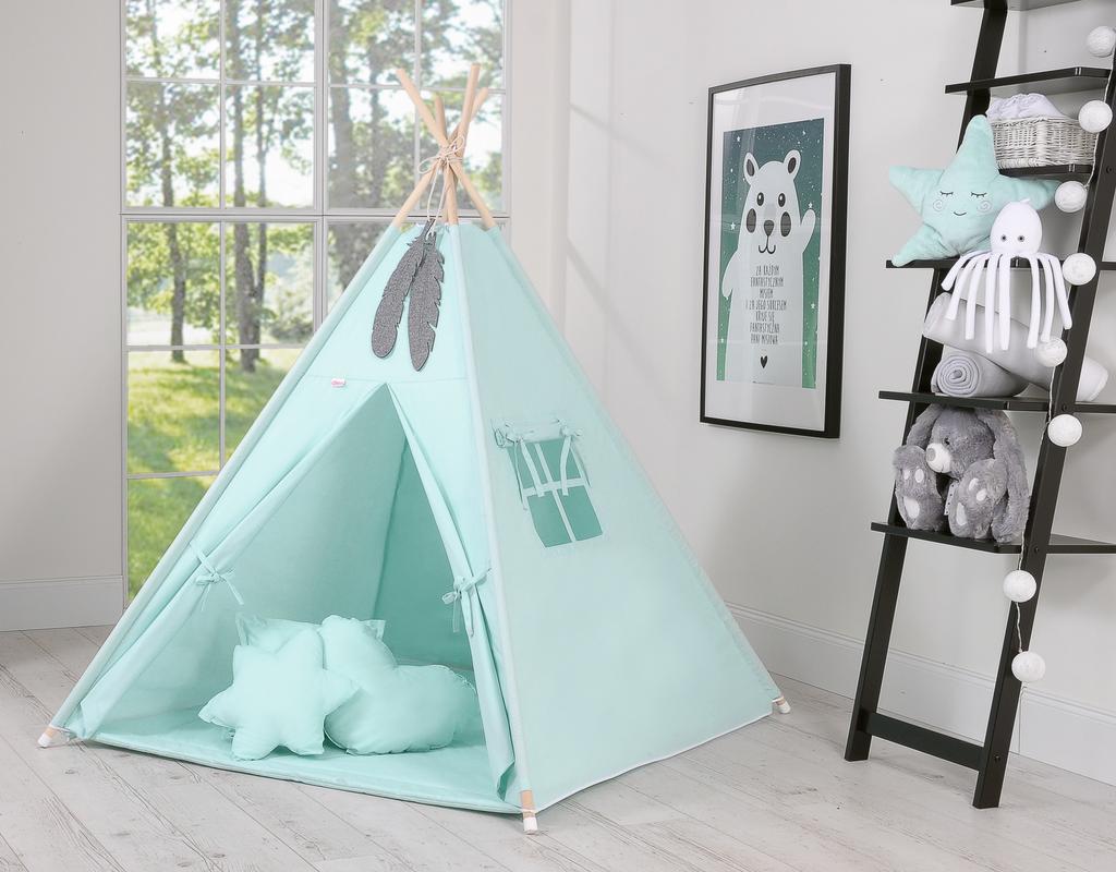 Tipi tent for children + feather pendants - light mint