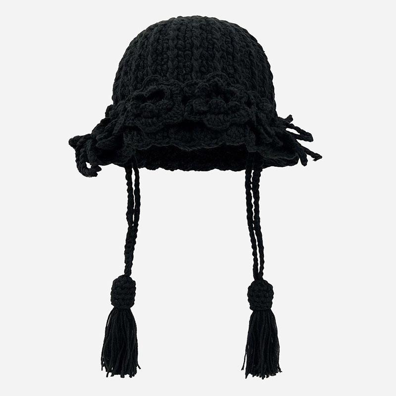 Fashion Handmade Weaving Hollow Out Beanie Hat Woman Autumn Hook Flower Korean Style Pearl Tassels Pullover Knitted Hat