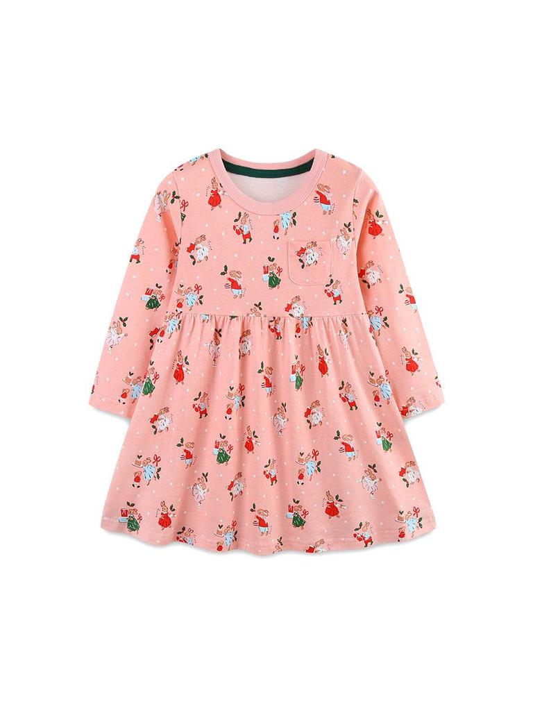 European & American Christmas Tree Print Autumn Dress - Long Sleeve, Round Neck, Knitted Cotton for Girls