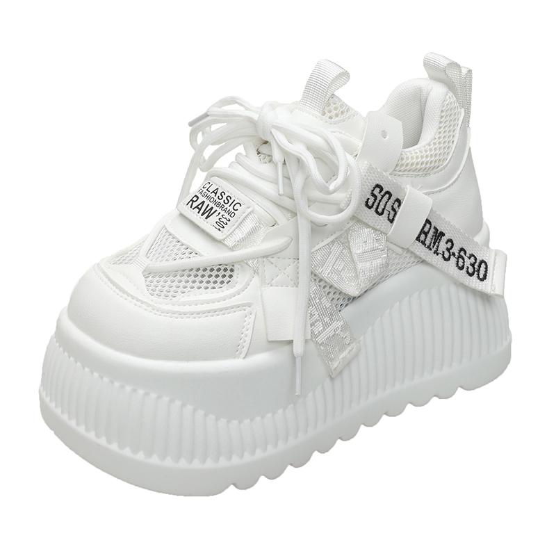 Fashion Women's Dad Shoes 8cm Height Increase Spring Summer New Style Lace Breathable Platform Thick Bottom Net Surface White Shoes