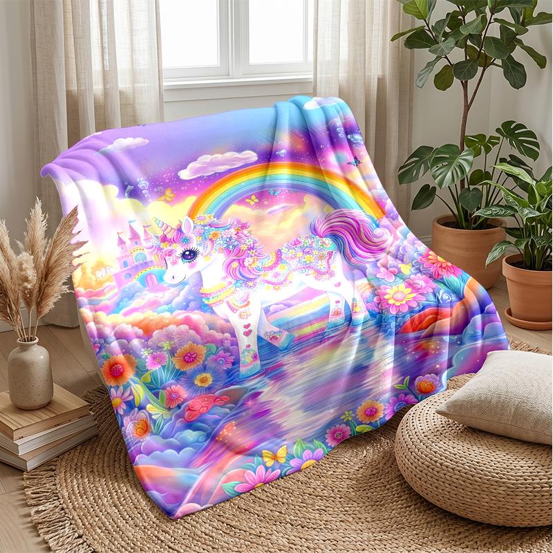 Fantasy Unicorn Rainbow Theme Blanket Lightweight Warm Flannel Blanket Decorative Throw Blanket for Home Decoration