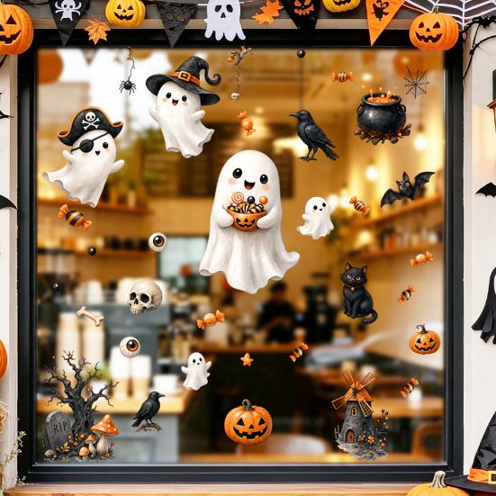 Creative Holiday Gifts Halloween Ghost Window Clings, Cute Pumpkin And Black Cat Static Stickers, PVC Party Atmosphere Props Waterproof Decals,