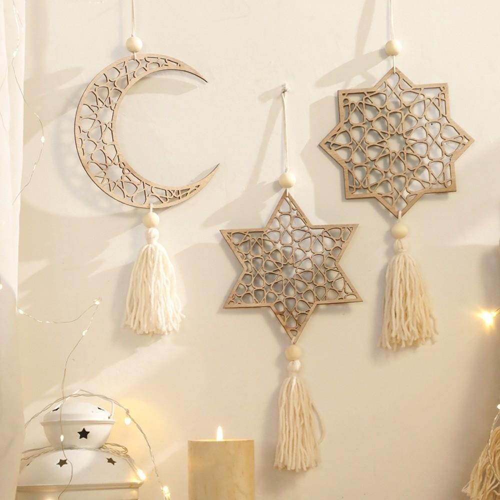 Hollowed-out Moon Star Hollow Mesh Wall Decor Handmade Wooden Handicraft Pendant  Home Decoration