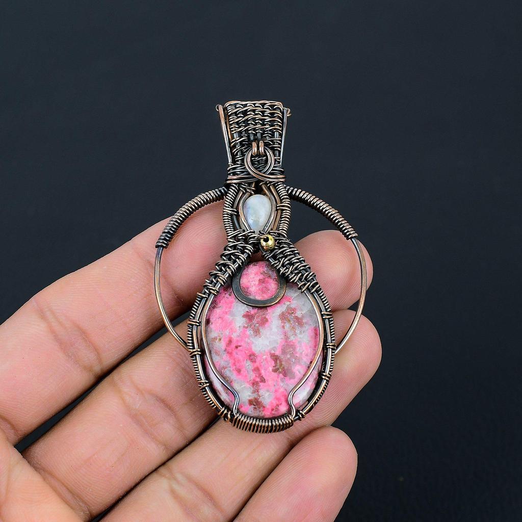 Rosa Thulit & Mondstein Edelstein Handgefertigter Kupferdraht Wickel Schmuck Anhänger für Frauen