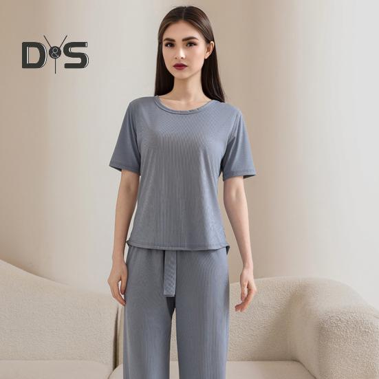 Women's Summer Pajama Set Round Neck Short Sleeve Top And Pants Sleepwear Set Casual Loose Two Piece Lounge Set