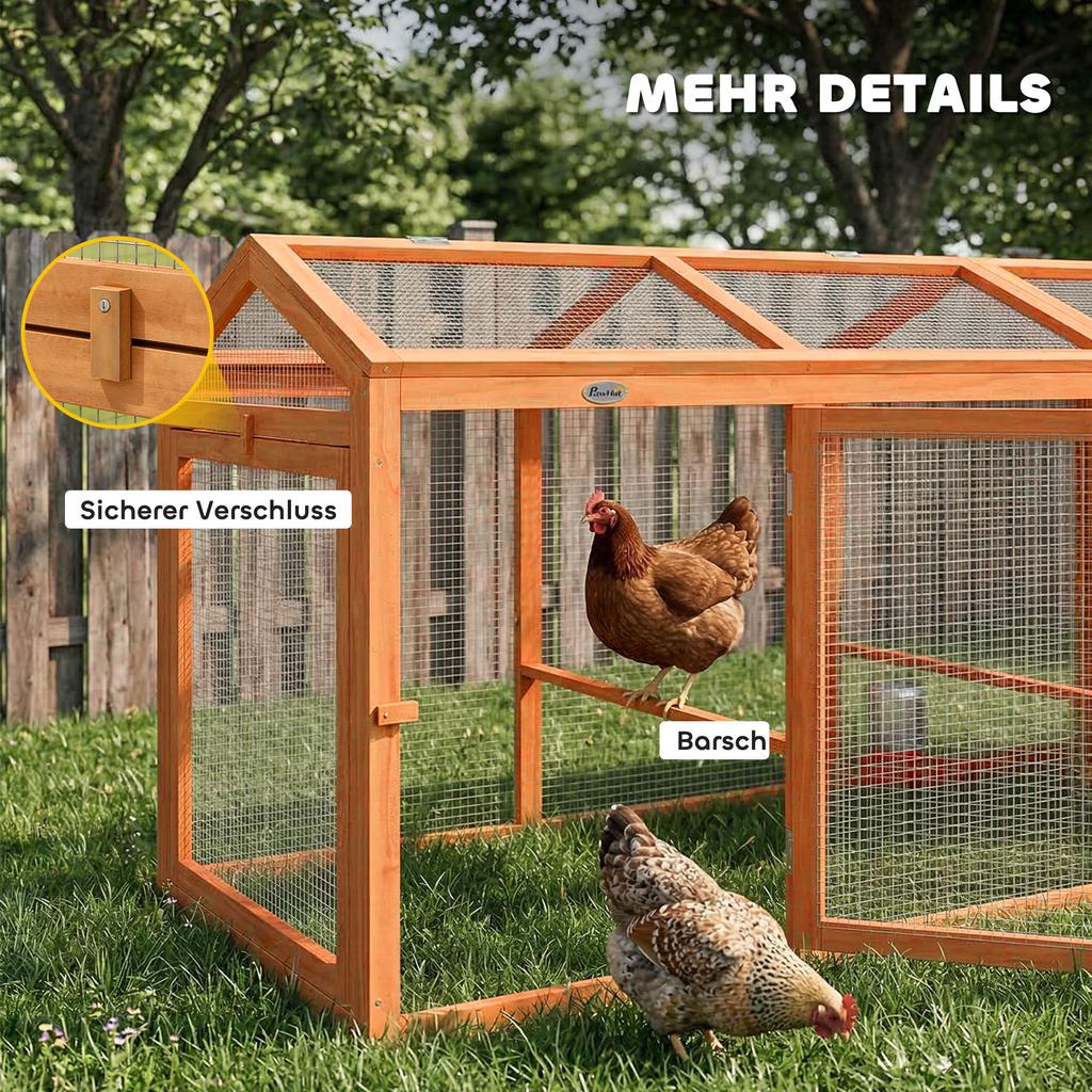 Chicken Coop Free-Range Run with Perch Double Doors, Made of Wood and Metal, for 4 Chickens, 156 x 70.5 x 84 cm Orange