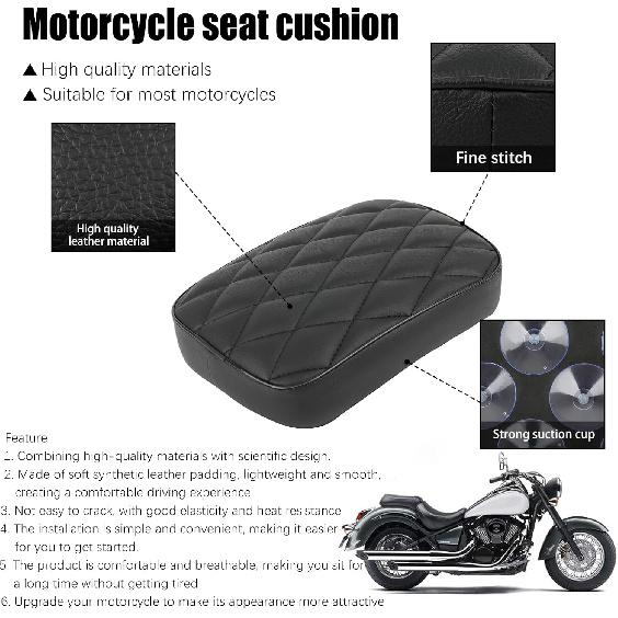 Motorcycle Pillion Passenger Pad Seat, Black Rhombus Pattern Leather Pillion Pad W/ 8 Suction Cup Rear Passenger Seat Compatible with Harley Custom