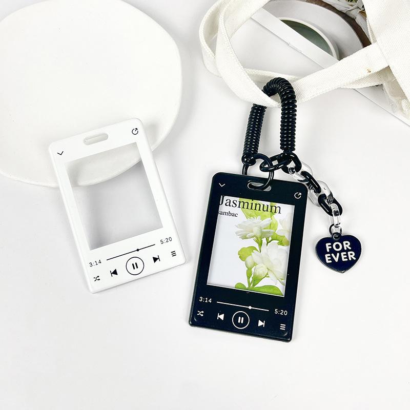 Music Player ID Card Holder with Spring Rope Heart Charm for Women Girls Kid Colorful Bus Subway Credit Card Protector Shell
