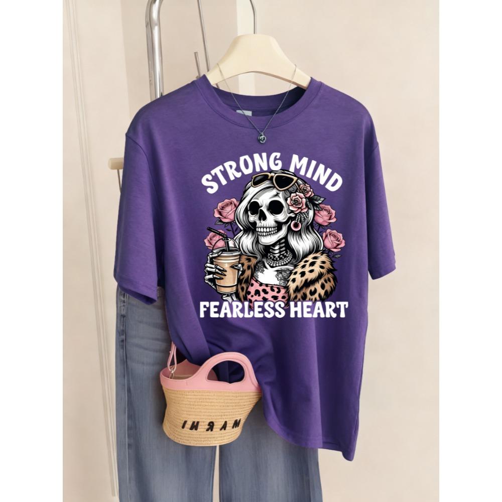 T-shirts femme imprimé têtes de mort fleuries, respirants et doux, col rond, style streetwear